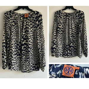 Tory Burch Bird Print Long Sleeve Keyhole Neck Blouse Top Navy Tan 22146